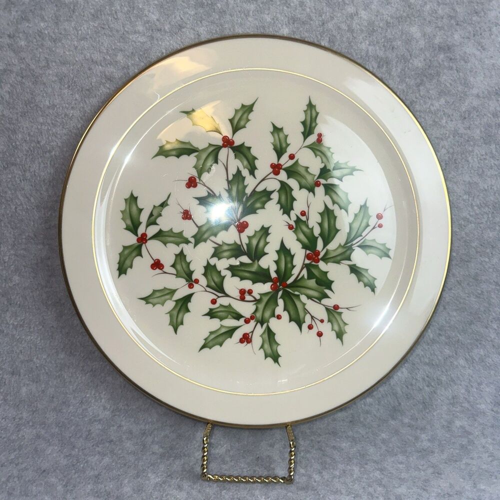 Lenox USA Holiday/Holly Berry Cake/Chop Plate/Platter 12.5" Gold Trim